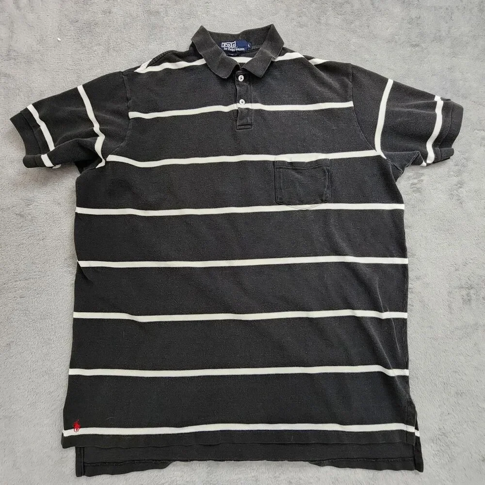 VTG Polo Ralph Lauren Mens Sz L Black & White Stripes 100 Cotton USA Made Pocket